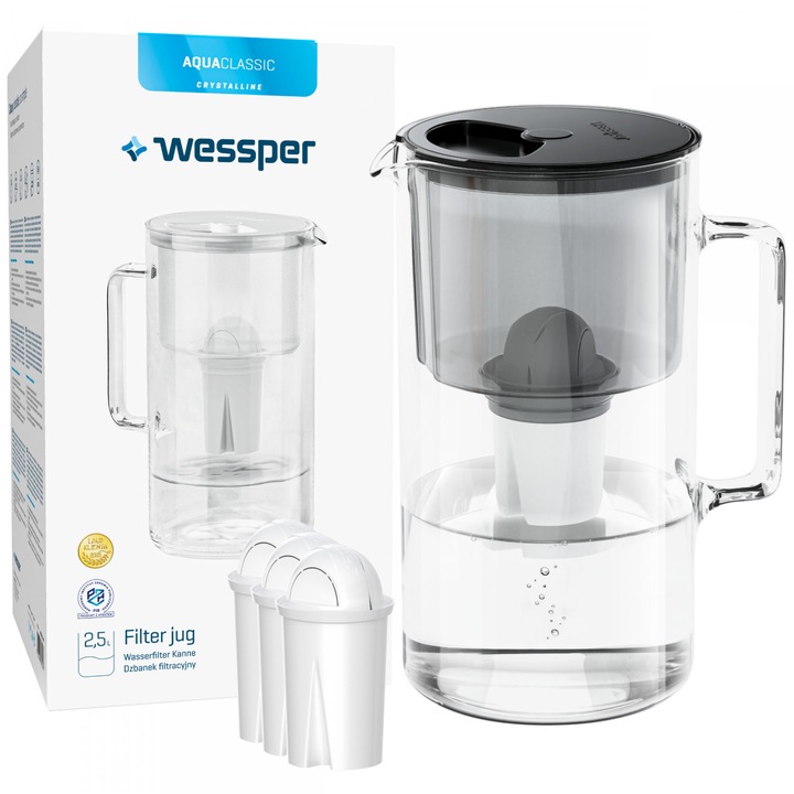 Cana filtranta si 4 filtre Wessper, AquaClassic, 2.5L, Sticla, Negru/Transparent