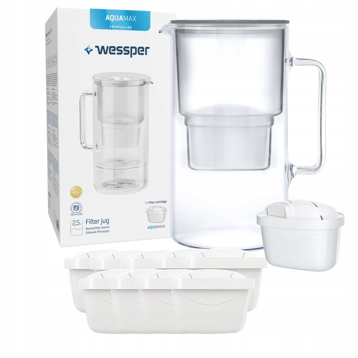 Кана за филтриране и 10 филтъра Wessper, AquaMax, 2.5L, стъкло, сиво/прозрачно