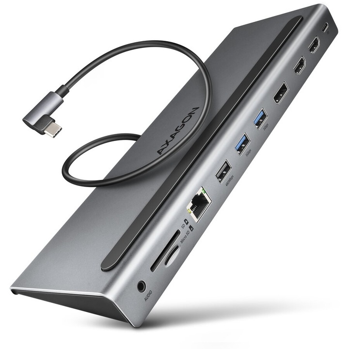Axagon HMC-4KX3 USB хъб, троен 4k дисплей, суперскоростен USB-c, 2 HDMI, DP, GLAN, 3 USB-A, PD, четец на карти, аудио изход, метален корпус