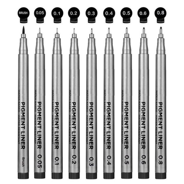 Set de 9 linere pen, Darklove, Cu cerneala pigmentara rezistenta la apa, Design usor pentru o utilizare usoara, Pentru schite, anime, manga, ilustratii artistice, jurnal, PP, 14*1cm, Gri