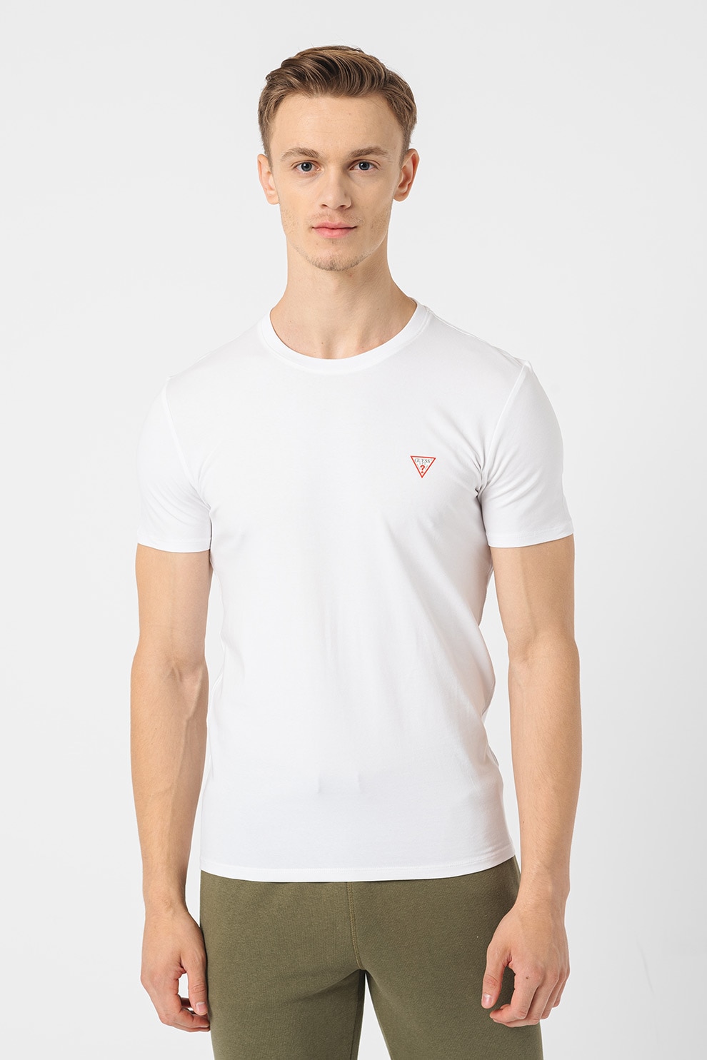 GUESS, Tricou slim-fit cu decolteu la baza gatului, Alb, M