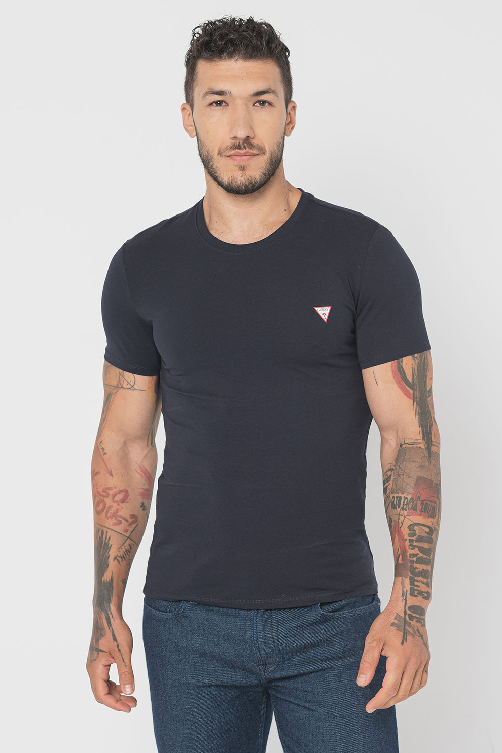 GUESS, Tricou slim-fit cu decolteu la baza gatului, Albastru ultramarin, L