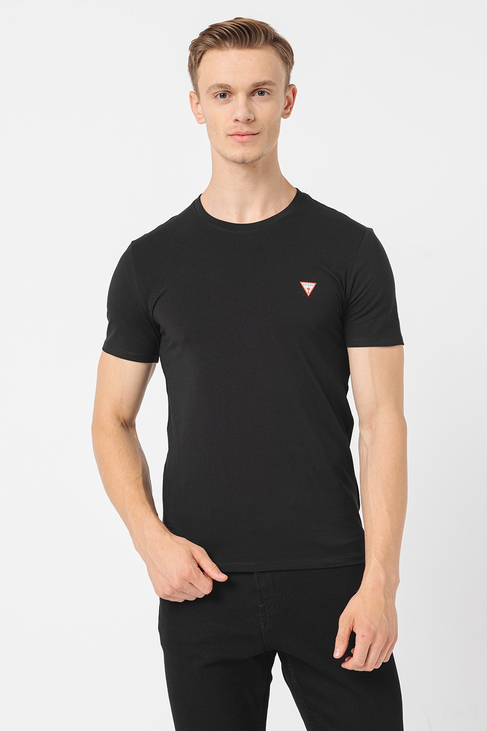 GUESS, Tricou slim-fit cu decolteu la baza gatului, Negru, XL