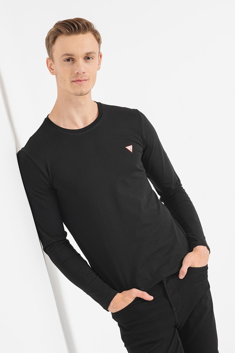 GUESS, Bluza slim fit cu logo discret, Negru