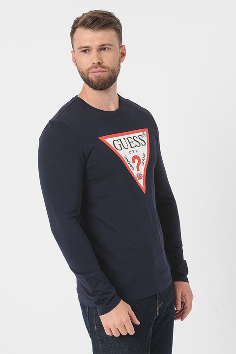 GUESS, Памучна блуза по тялото с лого, Ултрамарин синьо