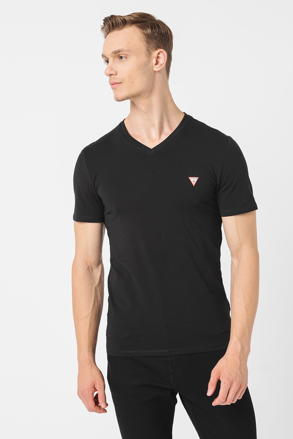 GUESS, Tricou slim fit cu decolteu in V, Negru carbon, XL