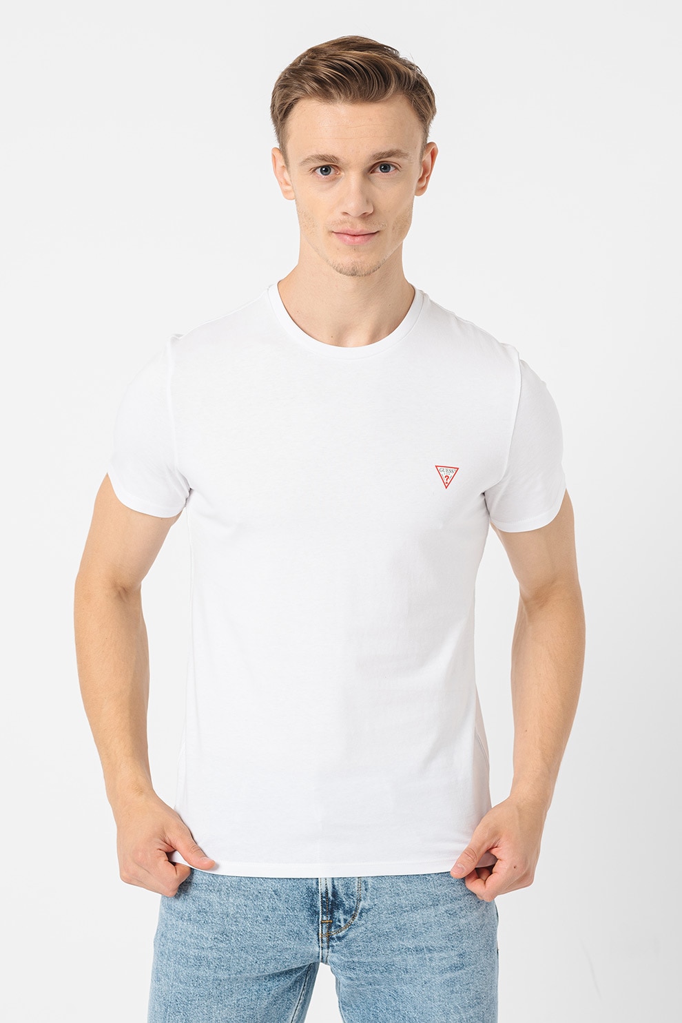 GUESS, Tricou slim fit de bumbac, Alb, S