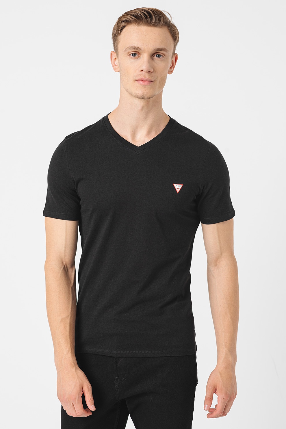 GUESS, Tricou slim fit cu decolteu in V, Negru, Alb optic, Rosu deschis, M