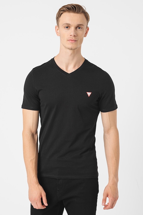 GUESS, Tricou slim fit cu decolteu in V, Negru