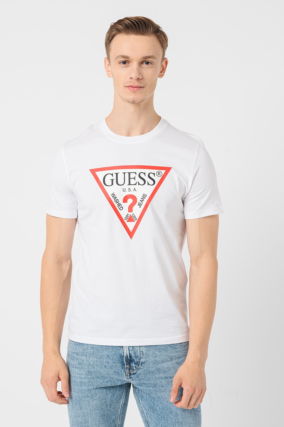 GUESS, Tricou slim fit cu logo, Rosu, Alb, L