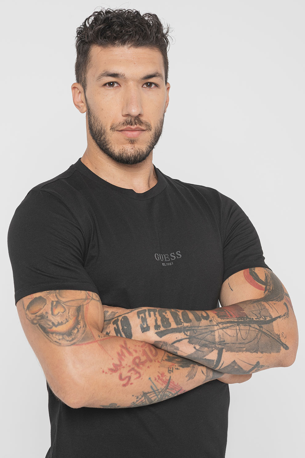 GUESS, Tricou slim fit de bumbac, Negru, M