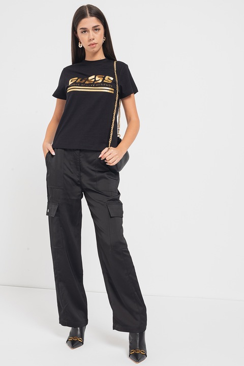 Guess, Tricou cu imprimeu logo, pentru fitness, Auriu/Negru