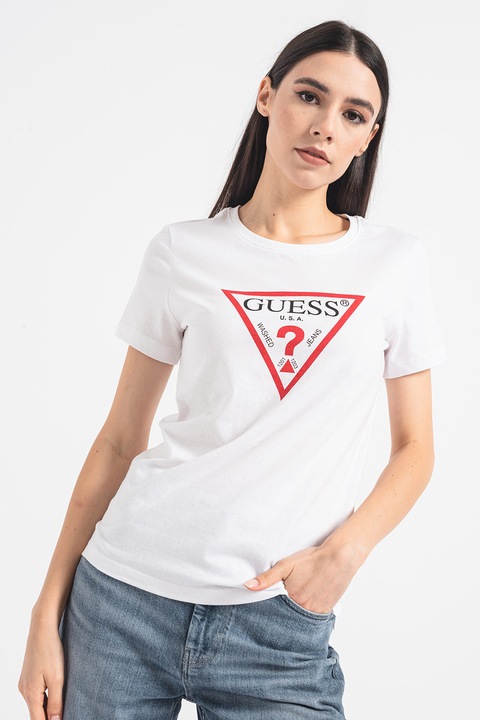 GUESS, Tricou din bumbac cu imprimeu logo, Rosu/Alb