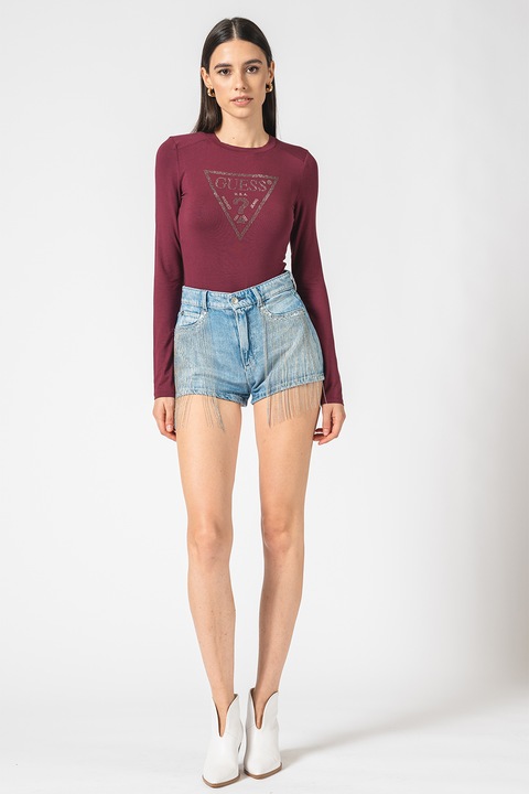 GUESS, Боди с декоративни камъни, Бордо