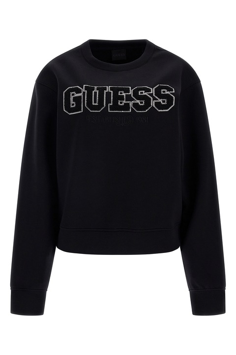 GUESS, Bluza sport crop cu decolteu la baza gatului si aplicatie logo, Negru