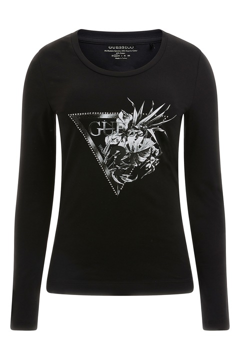 GUESS, Bluza cu decolteu rotund si imprimeu, Negru, M