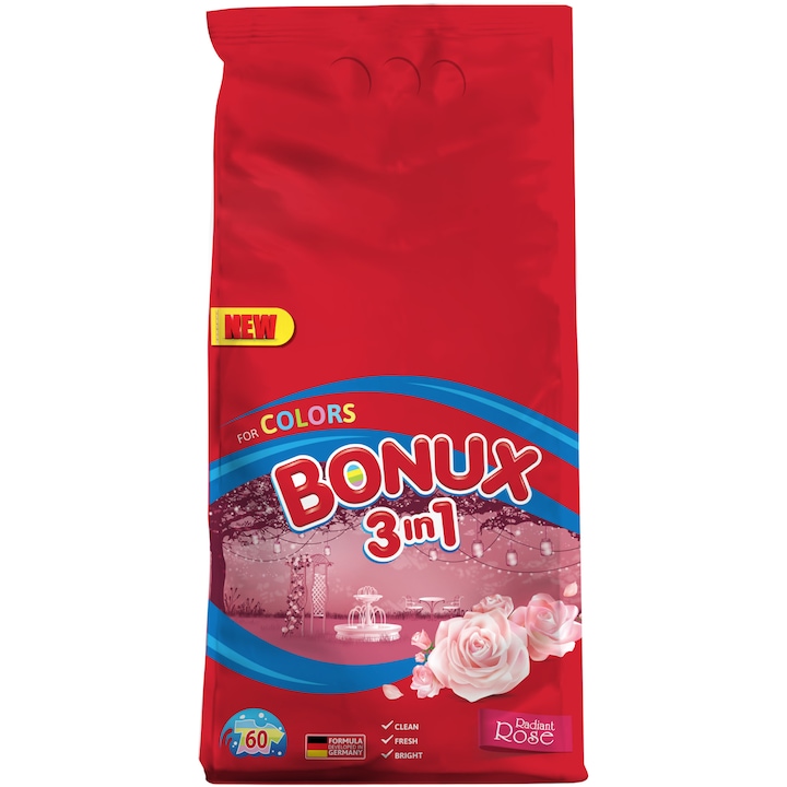 Перилен препарат Bonux 3in1 Color Rose, Автоматично пране, 60 изпирания, 6 кг