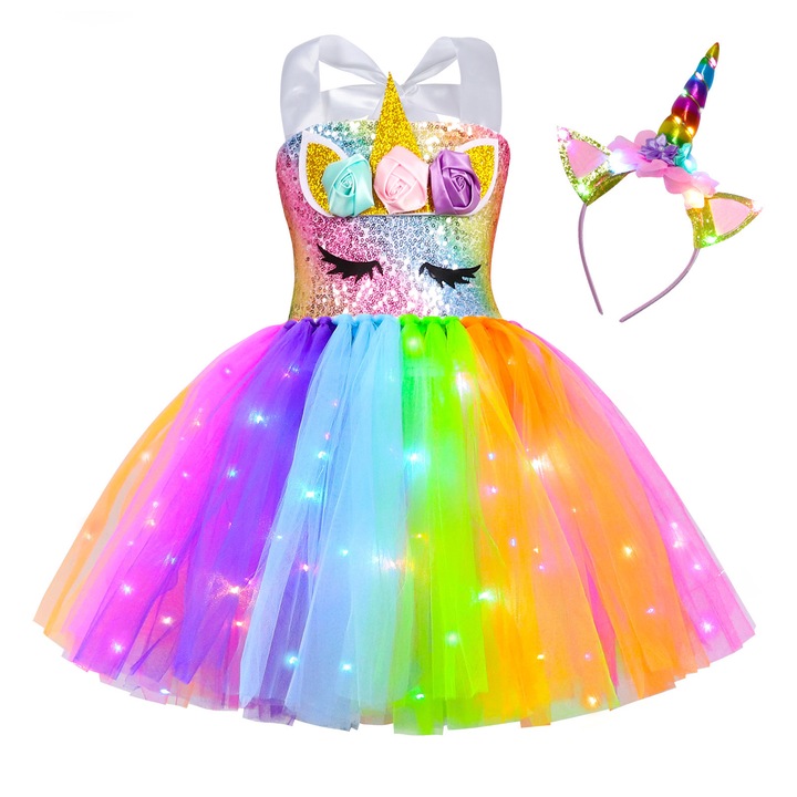 Costum Unicorn rochie Rainbow, Party Chili®, Luminoasa tutu, petrecere de Craciun, dans, printesa, Multicolor, 8-9 ani