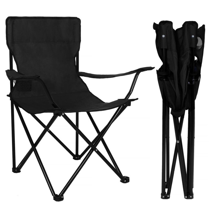 Сгъваем стол за къмпинг или риболов Sersimo, с поставка за чаша, черен