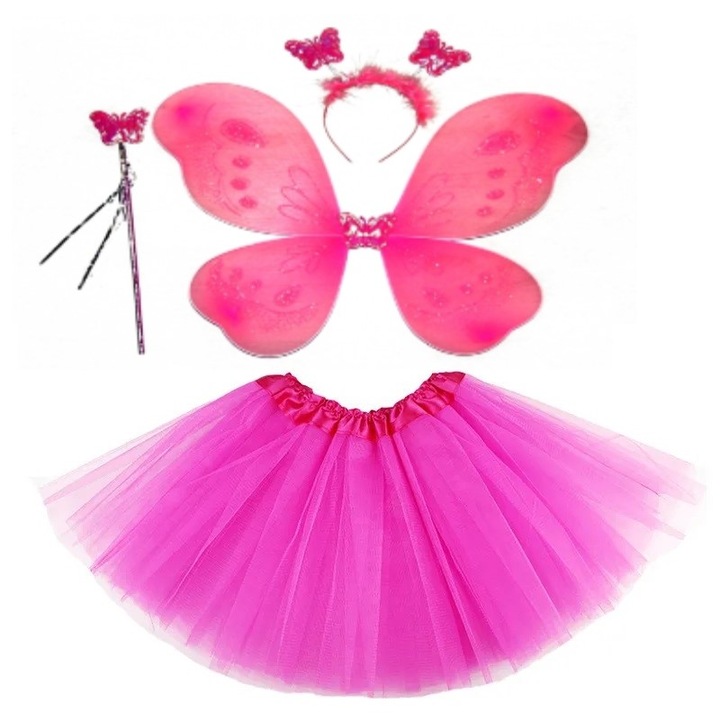 Set costum serbare fete fluture, fusta, aripi, bagheta, bentita, roz inchis, 6-9 ani