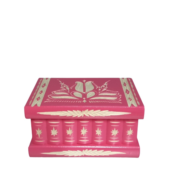 Cutie din lemn secreta, cu cheia ascunsa, sculptata manual, roz, 14 x 10 x 7.5 cm