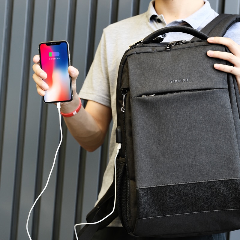 Rucsac laptop 15.6" smart casual, impermeabil, cu port USB si buzunar antifurt, Tigernu, 45x31x19 cm, Negru