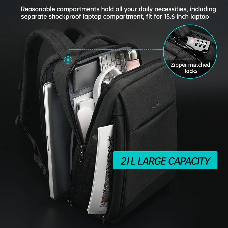 Rucsac laptop 15.6" smart casual, impermeabil, cu port USB si buzunar antifurt, Tigernu, 45x31x19 cm, Negru