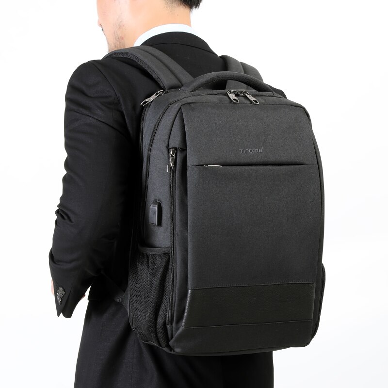 Rucsac laptop 15.6" smart casual, impermeabil, cu port USB si buzunar antifurt, Tigernu, 45x31x19 cm, Negru