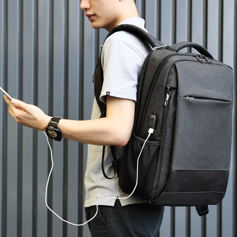 Rucsac laptop 15.6" smart casual, impermeabil, cu port USB si buzunar antifurt, Tigernu, 45x31x19 cm, Negru