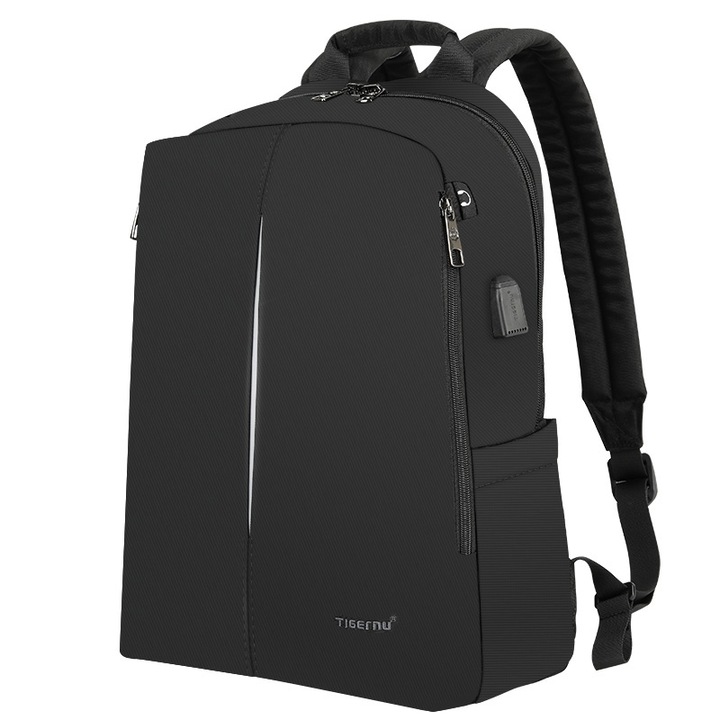 Rucsac 15.6 " sport casual, impermeabil, cu buzunar antifurt, port USB si orificiu pentru cabluri audio, Tigernu, 30x15x43 cm, Negru