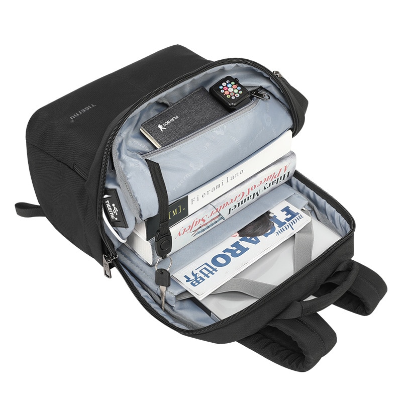 Rucsac 15.6 " sport casual, impermeabil, cu buzunar antifurt, port USB si orificiu pentru cabluri audio, Tigernu, 30x15x43 cm, Negru