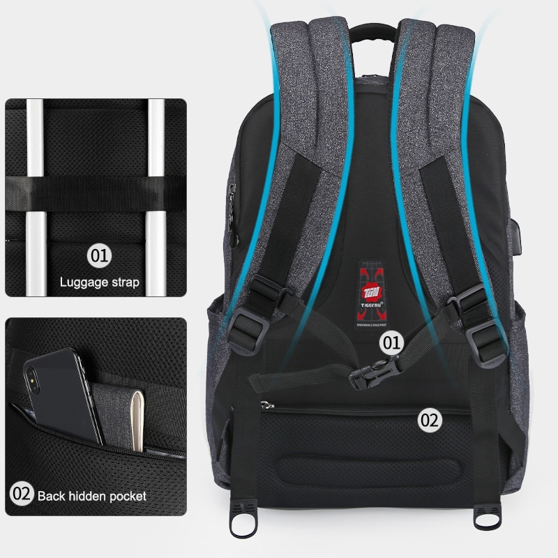 Rucsac laptop 15.6" smart casual, impermeabil, cu port USB si buzunar antifurt, Tigernu, 43x30x15 cm, Negru