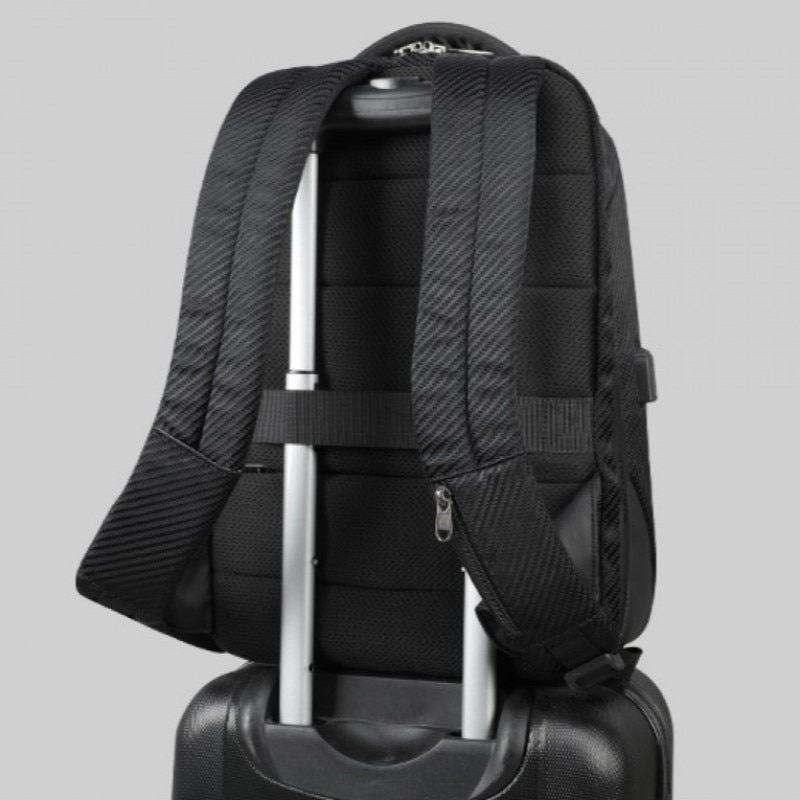 Rucsac laptop 15.6" business casual aspect carbon, impermeabil, cu port USB si cifru antifurt, Tigernu, 45x30x15 cm, Negru