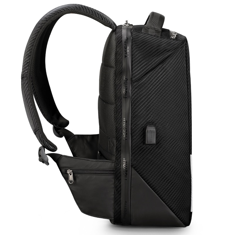 Rucsac laptop 15.6" business casual aspect carbon, impermeabil, cu port USB si cifru antifurt, Tigernu, 45x30x15 cm, Negru