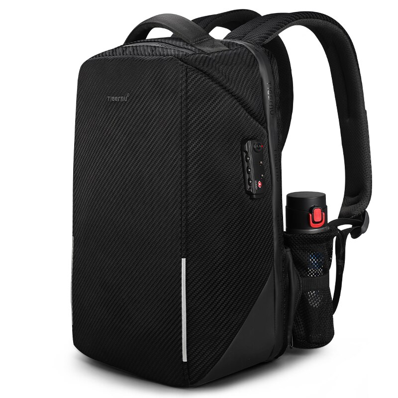 Rucsac laptop 15.6" business casual aspect carbon, impermeabil, cu port USB si cifru antifurt, Tigernu, 45x30x15 cm, Negru