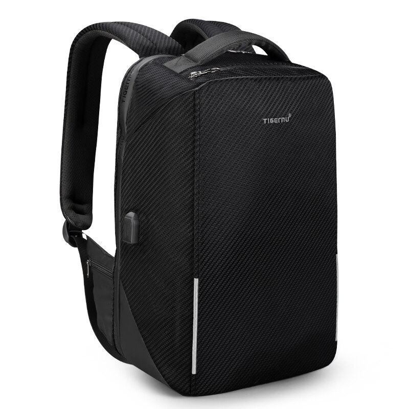 Rucsac laptop 15.6" business casual aspect carbon, impermeabil, cu port USB si cifru antifurt, Tigernu, 45x30x15 cm, Negru