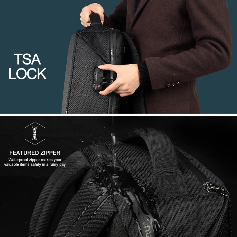 Rucsac laptop 15.6" business casual aspect carbon, impermeabil, cu port USB si cifru antifurt, Tigernu, 45x30x15 cm, Negru