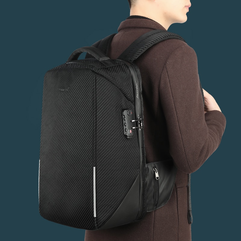 Rucsac laptop 15.6" business casual aspect carbon, impermeabil, cu port USB si cifru antifurt, Tigernu, 45x30x15 cm, Negru