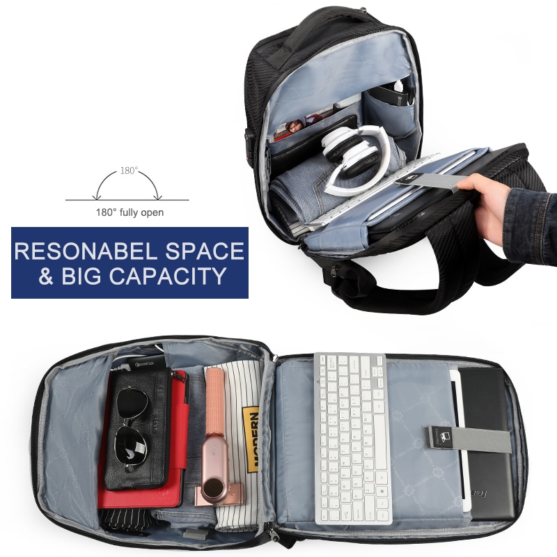 Rucsac laptop 15.6" business casual aspect carbon, impermeabil, cu port USB si cifru antifurt, Tigernu, 45x30x15 cm, Negru