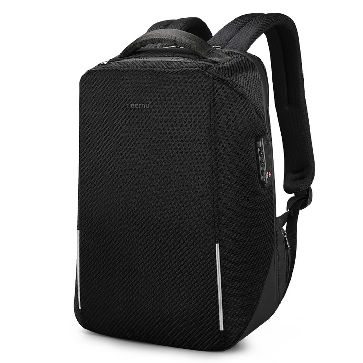 Rucsac laptop 15.6" business casual aspect carbon, impermeabil, cu port USB si cifru antifurt, Tigernu, 45x30x15 cm, Negru