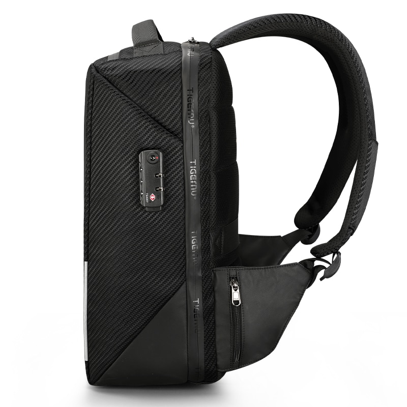 Rucsac laptop 15.6" business casual aspect carbon, impermeabil, cu port USB si cifru antifurt, Tigernu, 45x30x15 cm, Negru