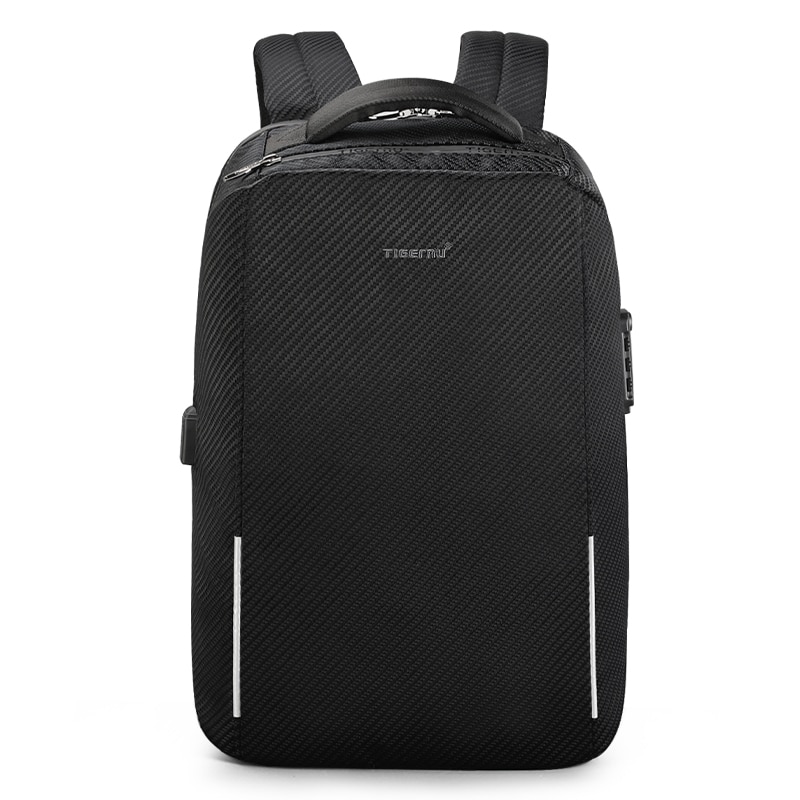 Rucsac laptop 15.6" business casual aspect carbon, impermeabil, cu port USB si cifru antifurt, Tigernu, 45x30x15 cm, Negru
