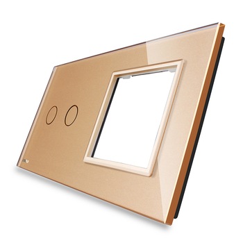 Panou intrerupator dublu cu touch + priza simpla Livolo din sticla, Auriu (Modulul intrerupatorului si priza nu sunt incluse in pret) Panou intrerupator dublu cu touch + priza simpla Livolo din sticla, Auriu (Modulul intrerupatorului si priza nu sunt incluse in pret)