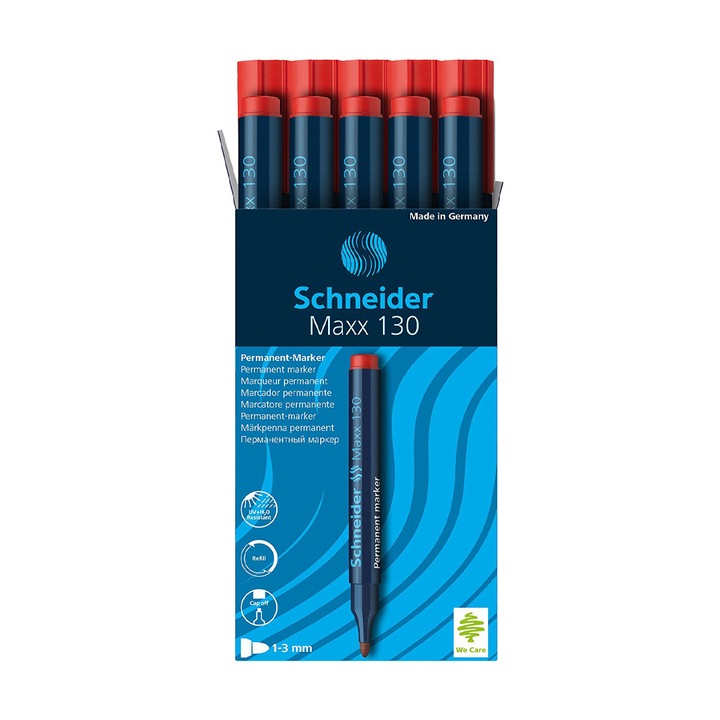 Marker Schneider MAXX 130 Permanent, VF. Rotund 1-3mm, Rosu - Set 10 bucati