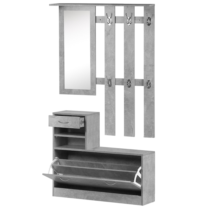 Mobilier hol cu suport pentru pantofi si oglinda, Homcom, Metal/Strat melaminat, 90x22x116 cm, Gri