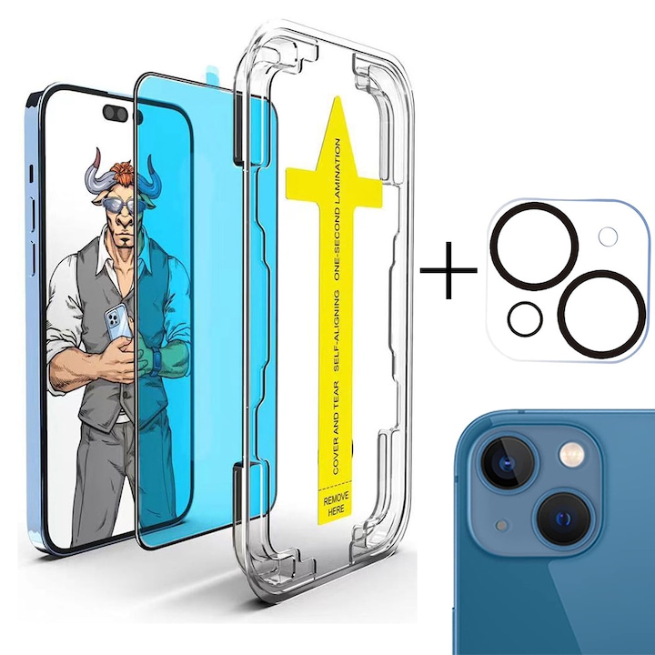 Set 2 folii protectie telefon, Sticla securizata, Pentru ecran/camera, Compatibil cu iPhone 14 Plus, Usor de instalat in 30 de secunde cu dispozitivul de potrivire automata, Transparent