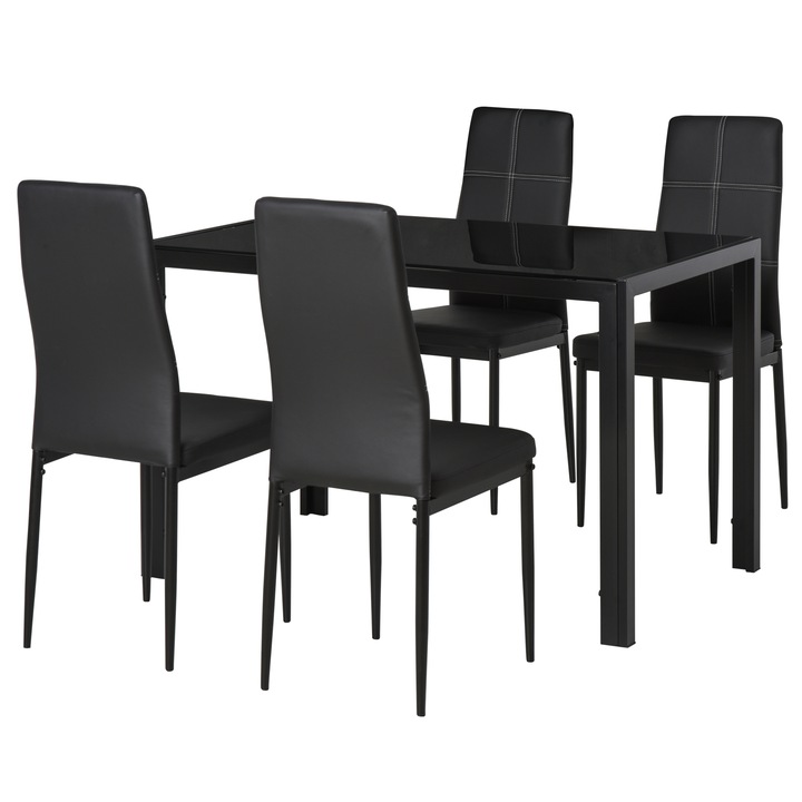 Комплект 4 стола с маса Homcom, Метал/Стъкло, 120x70x75 см, Черен