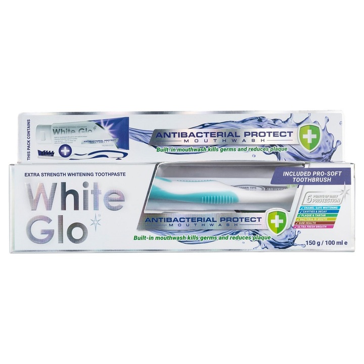 Комплект паста и четка за зъби, White Glo Antibacterial Protect, 100 ml, 150 g