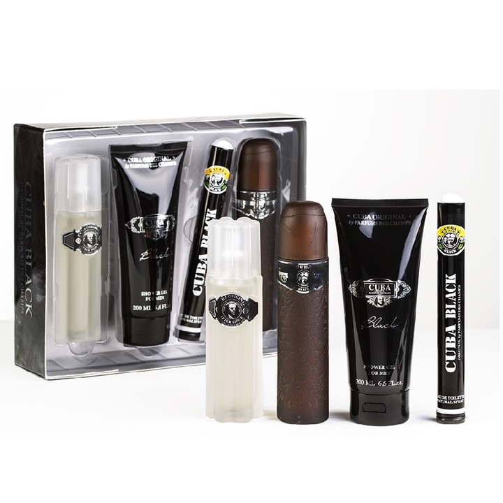 Set cosmetice pentru barbati Cuba Black Men, apa de toaleta 100ml si 35ml, gel de dus 200ml, apa dupa barbierit 100ml