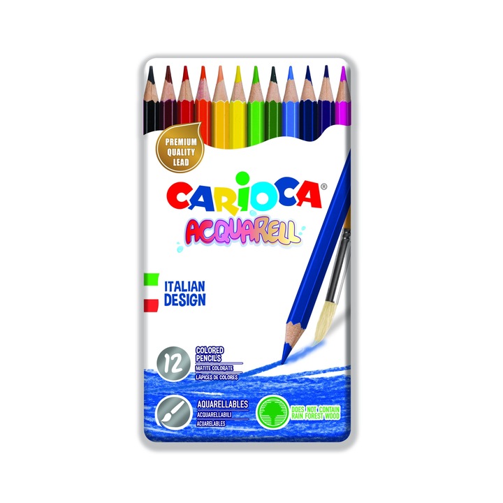 Цветни моливи Carioca Acquarell, шестоъгълни, 12 цвята/кутия - метална кутия